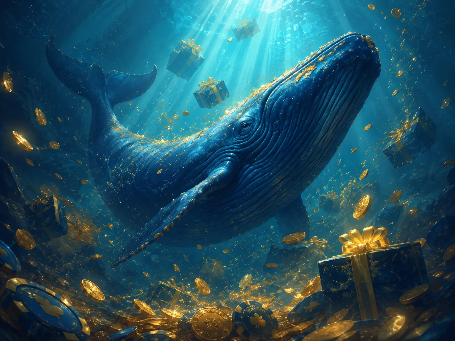Underwater whale bonus treasure with golden coins and gift boxes